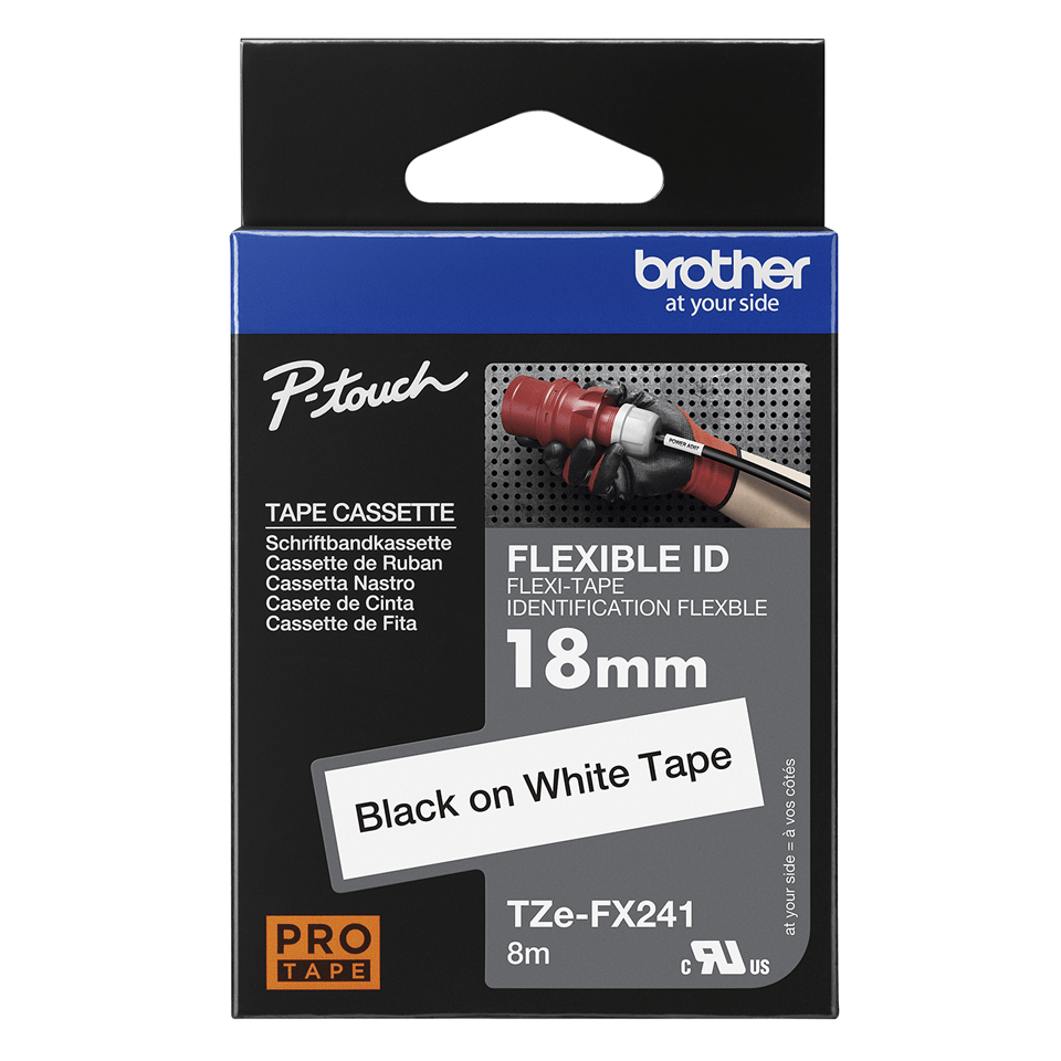 Origināla Brother TZe-FX241 uzlīmju lentes kasete – melna drukas balta, 18mm plata 3